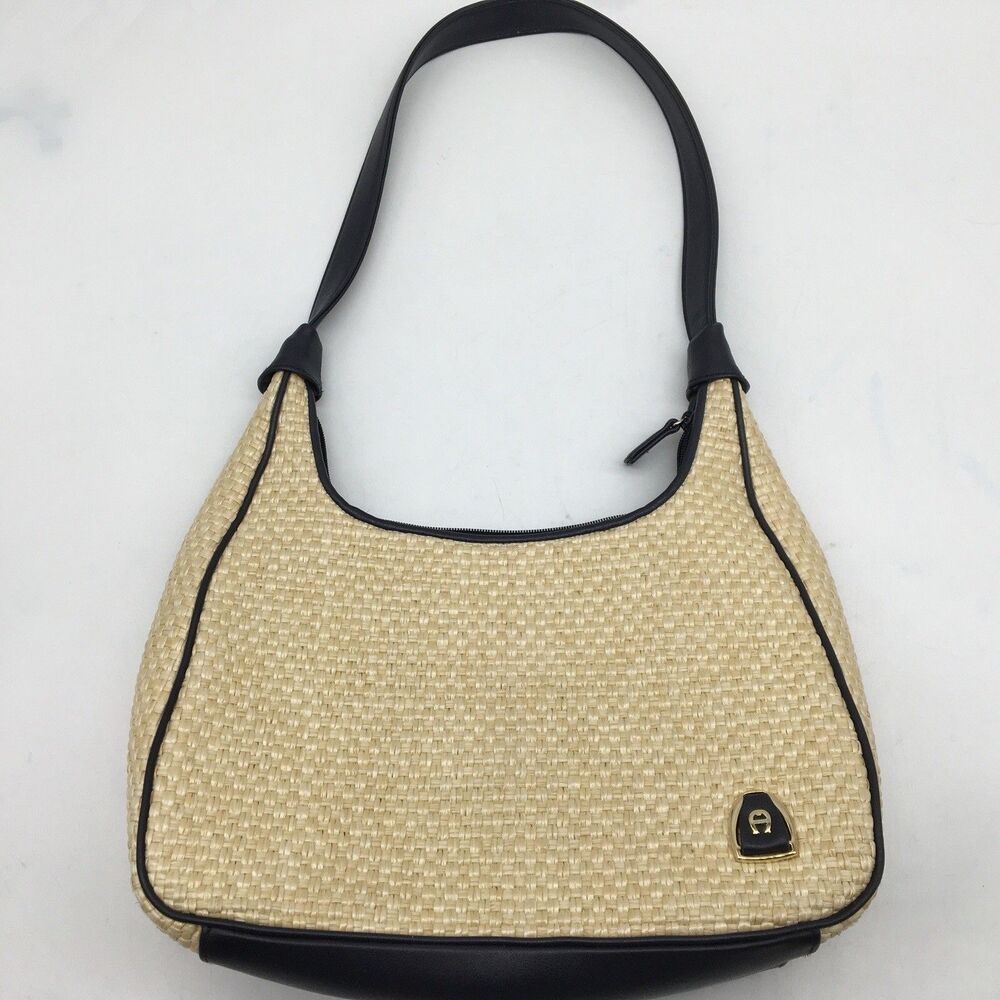 Etienne Aigner Beige Woven Shoulder Bag Navy Blue Trim Gold Hardware